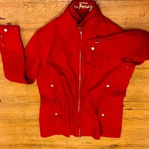 SALVATORE FERRAGAMO red detachable hood parka with pockets and cinched waist.